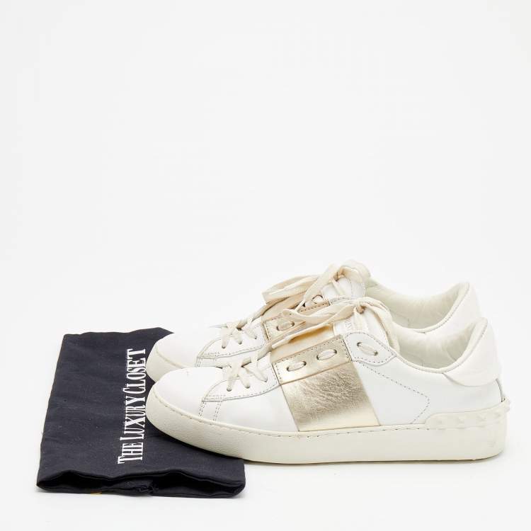 Pre Owned Valentino White/Gold Leather Rockstud Low Top Open Sneakers Size 40