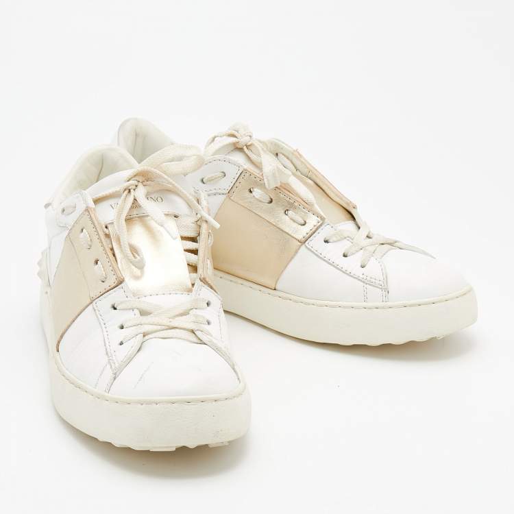 Pre Owned Valentino White/Gold Leather Rockstud Low Top Open Sneakers Size 40