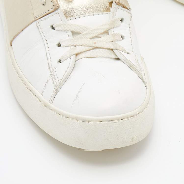 Pre Owned Valentino White/Gold Leather Rockstud Low Top Open Sneakers Size 40