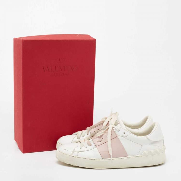 Pre Owned Valentino White Leather Leather Rockstud Low Top Sneakers Size 39.5