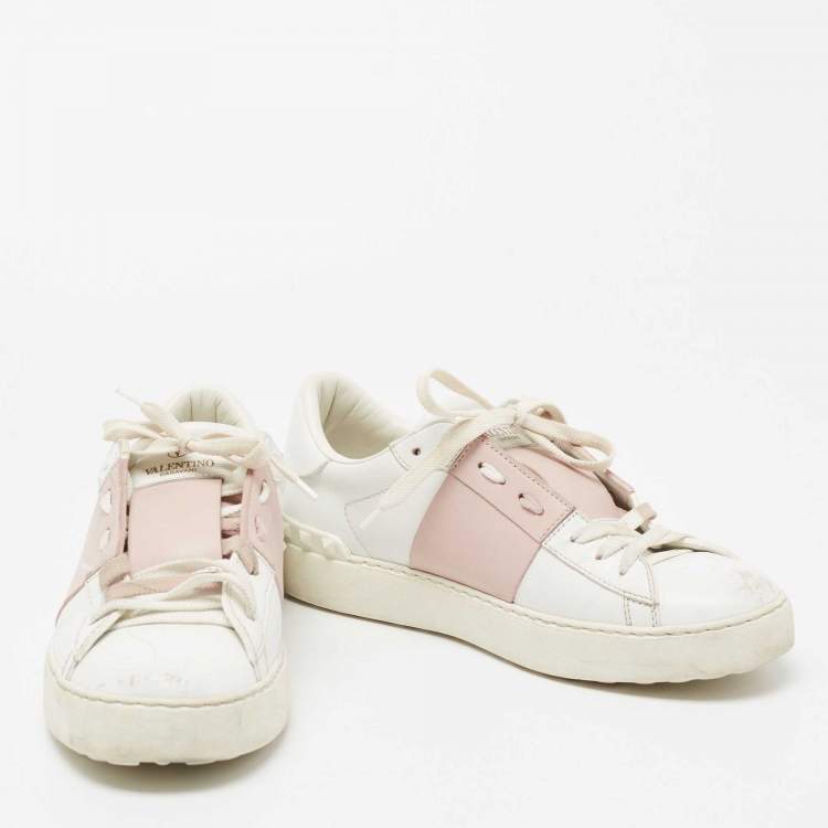 Pre Owned Valentino White Leather Leather Rockstud Low Top Sneakers Size 39.5