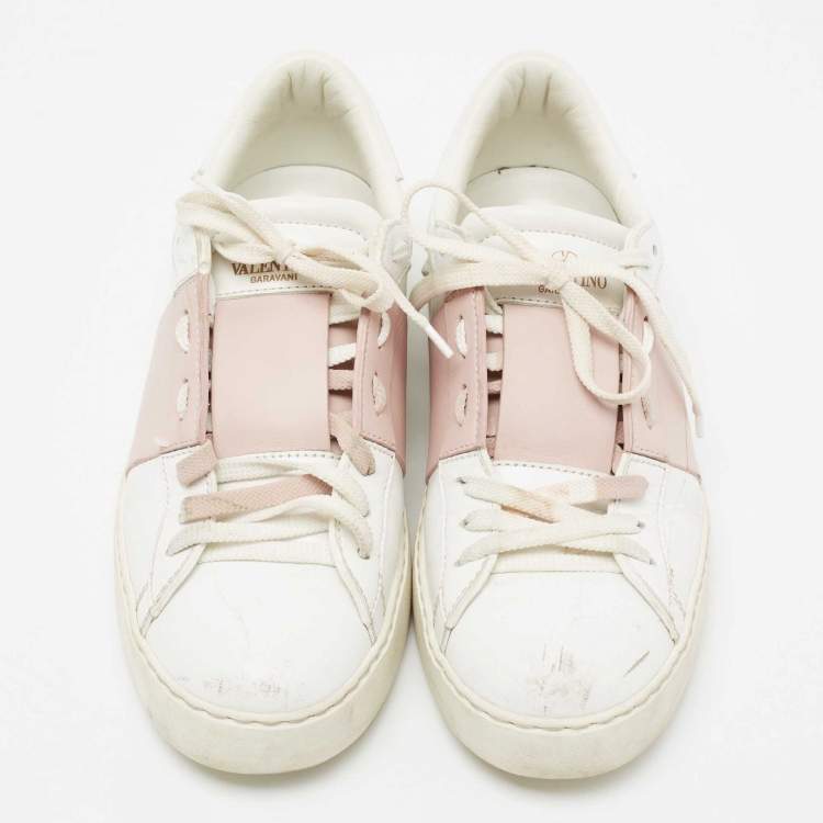 Pre Owned Valentino White Leather Leather Rockstud Low Top Sneakers Size 39.5