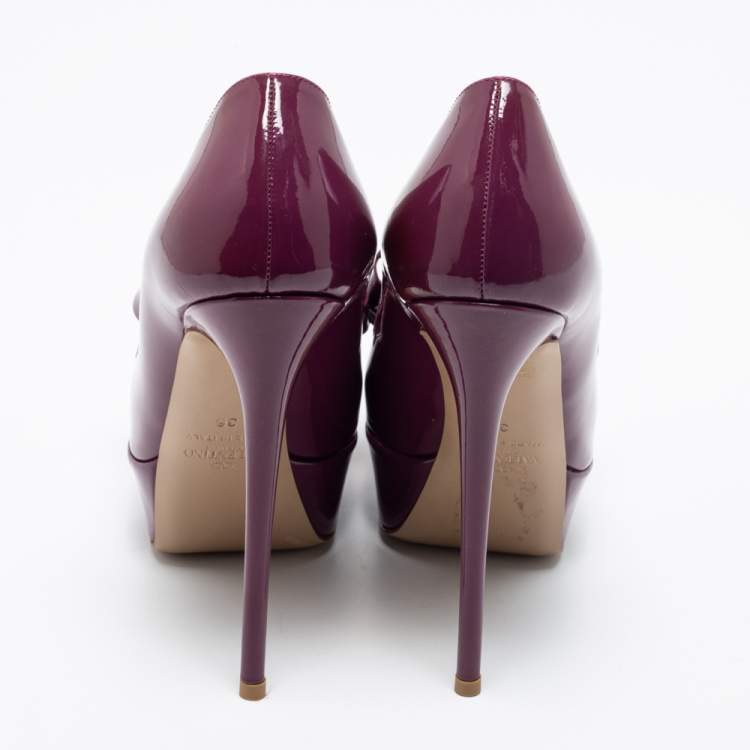 Pre Owned Valentino Purple Patent Leather Bow Open Toe Pumps Size 36 