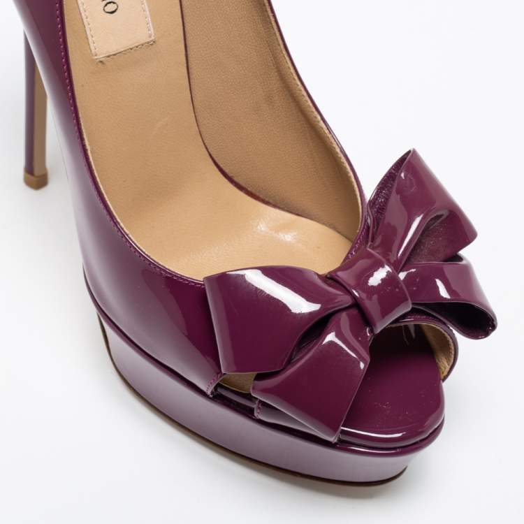 Pre Owned Valentino Purple Patent Leather Bow Open Toe Pumps Size 36 