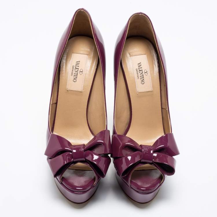 Pre Owned Valentino Purple Patent Leather Bow Open Toe Pumps Size 36 