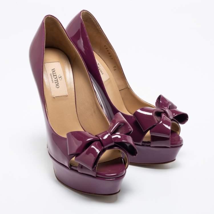 Pre Owned Valentino Purple Patent Leather Bow Open Toe Pumps Size 36 