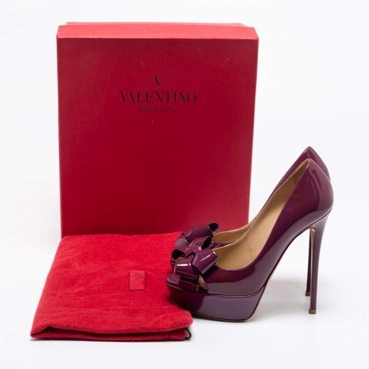 Pre Owned Valentino Purple Patent Leather Bow Open Toe Pumps Size 36 