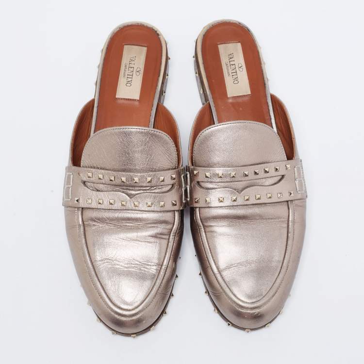 Pre Owned Valentino Metallic Bronze Leather Soul Rockstud Flat Mules Size 40
