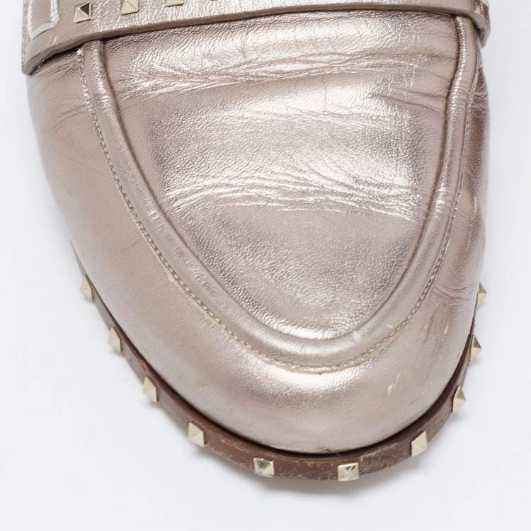 Pre Owned Valentino Metallic Bronze Leather Soul Rockstud Flat Mules Size 40