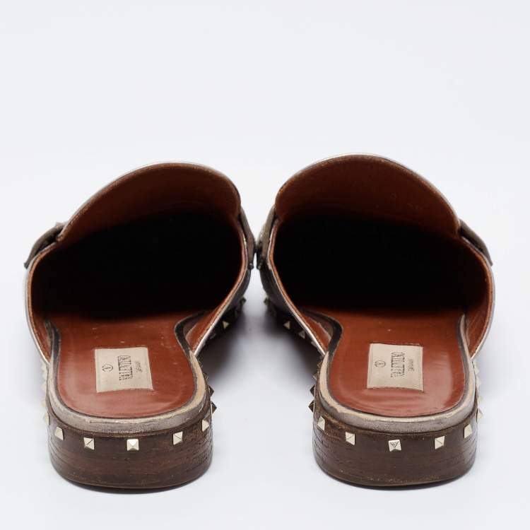 Pre Owned Valentino Metallic Bronze Leather Soul Rockstud Flat Mules Size 40