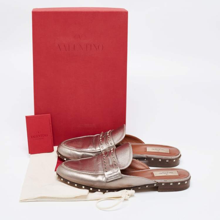 Pre Owned Valentino Metallic Bronze Leather Soul Rockstud Flat Mules Size 40
