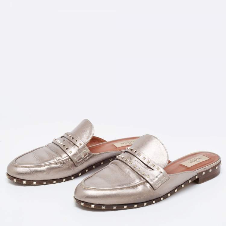 Pre Owned Valentino Metallic Bronze Leather Soul Rockstud Flat Mules Size 40