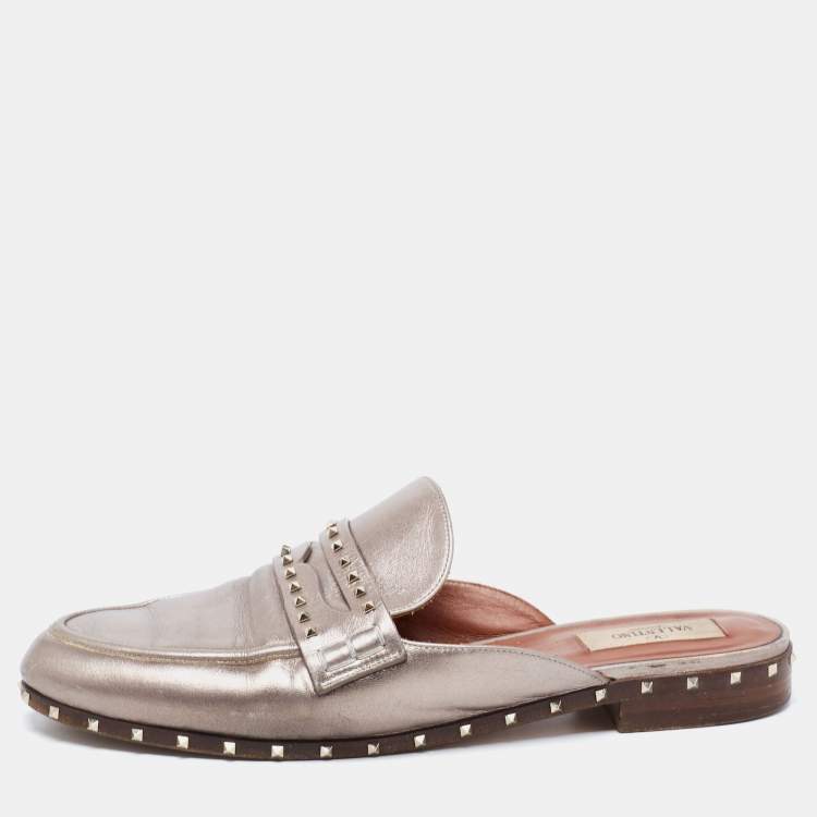 Pre Owned Valentino Metallic Bronze Leather Soul Rockstud Flat Mules Size 40