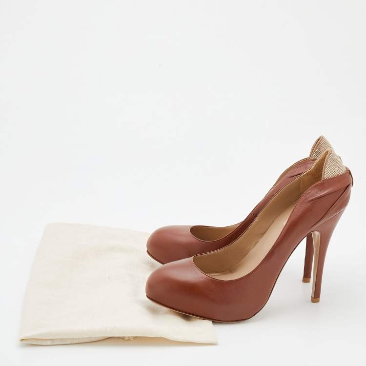 Pre Owned Valentino Brown Leather Round Toe Platform Pumps Size 40