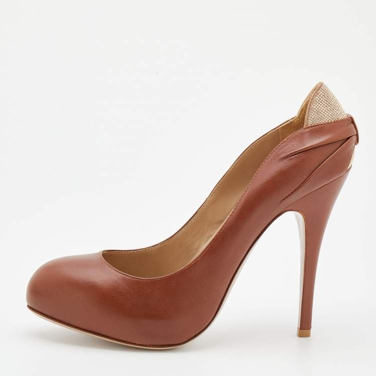 Pre Owned Valentino Brown Leather Round Toe Platform Pumps Size 40
