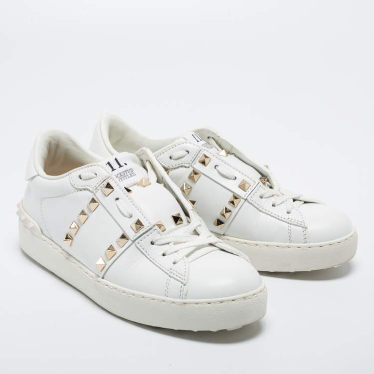Pre Owned Valentino White Leather Rockstud Low-Top Sneakers Size 36
