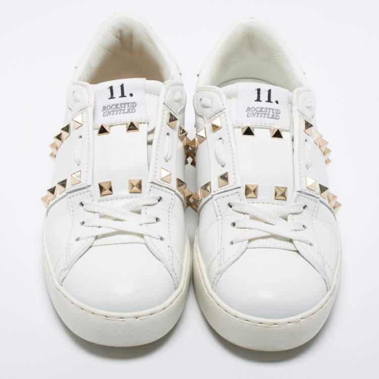 Pre Owned Valentino White Leather Rockstud Low-Top Sneakers Size 36