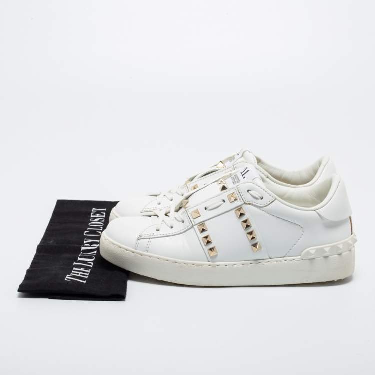 Pre Owned Valentino White Leather Rockstud Low-Top Sneakers Size 36