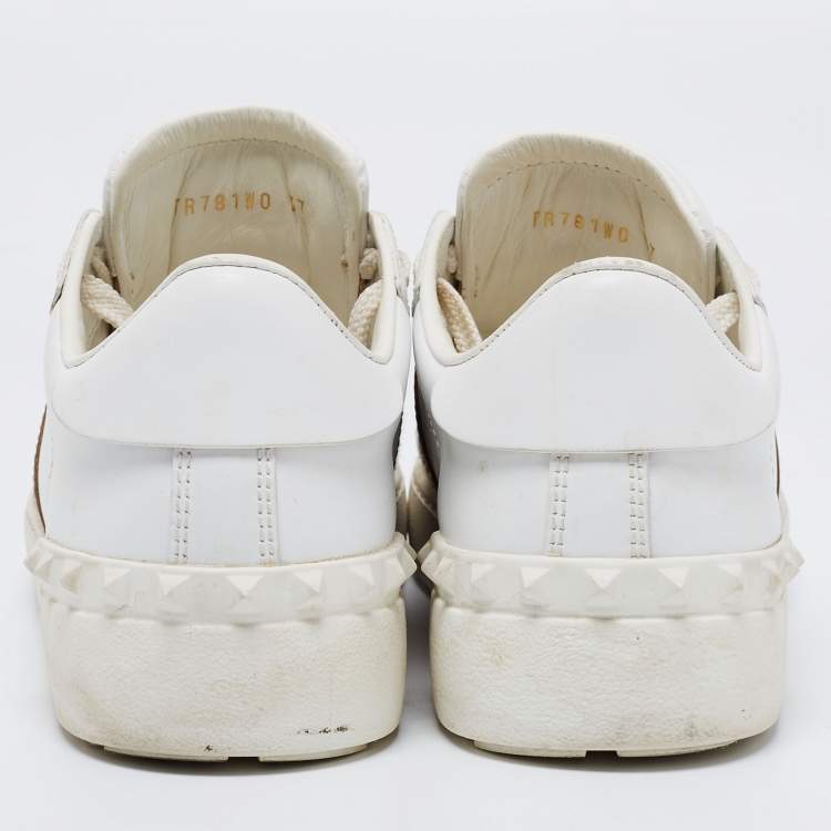 Pre Owned Valentino White/Gold Leather Open Rockstud Low Top Sneakers Size 37