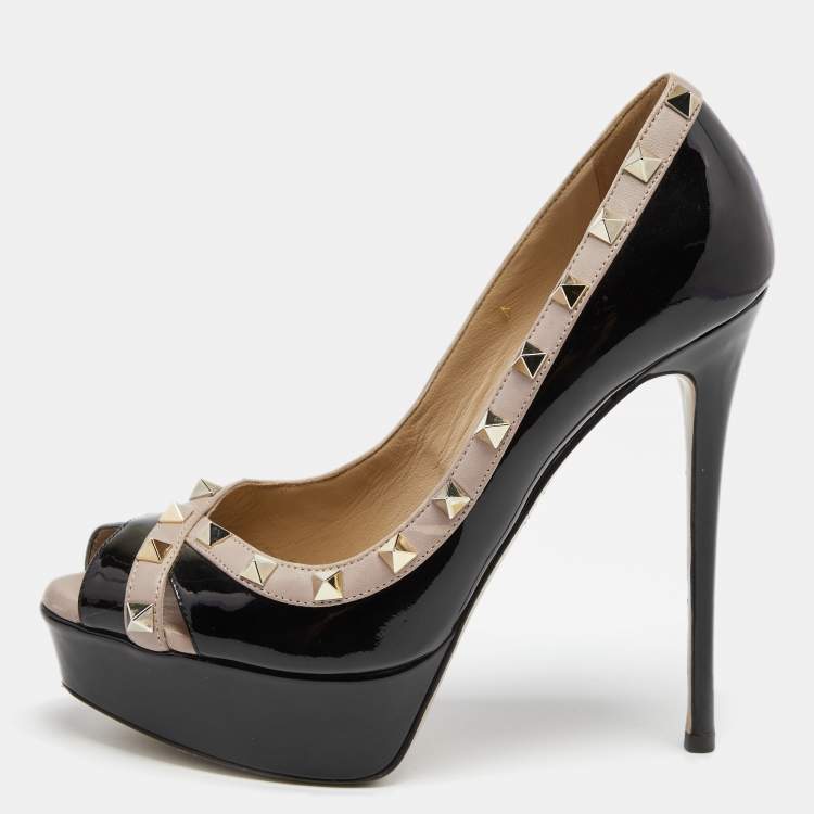 Valentino Black/Beige Patent Leather Rockstud Crisscross Peep Toe ...