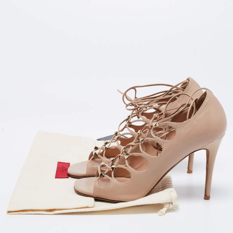Pre Owned Valentino Beige Leather Rockstud Open Toe Lace Up Ankle Tie Pumps Size 36