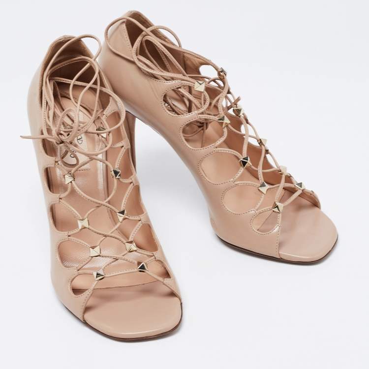 Pre Owned Valentino Beige Leather Rockstud Open Toe Lace Up Ankle Tie Pumps Size 36