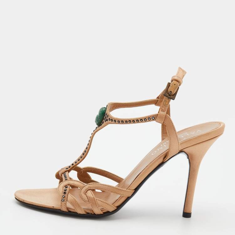 Valentino Beige Satin Crystal Embellished T-Strap Sandals Size 37 ...