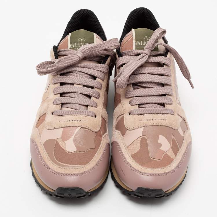 مملوكة مسبقًا Valentino Pink Leather, Suede and Camouflage Canvas Rockrunner Low-Top Sneakers Size 38