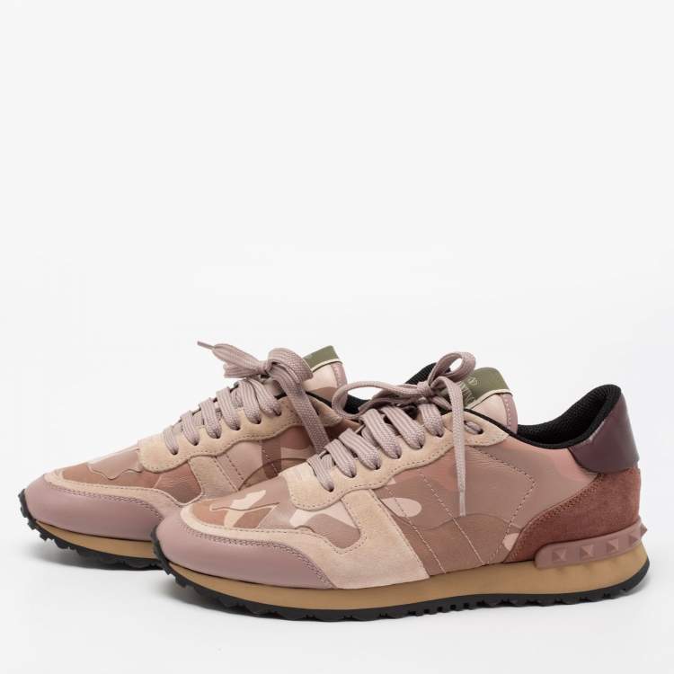مملوكة مسبقًا Valentino Pink Leather, Suede and Camouflage Canvas Rockrunner Low-Top Sneakers Size 38