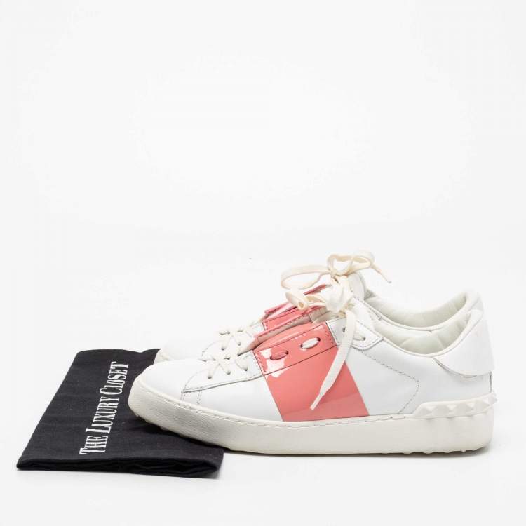Pre Owned Valentino White/Pink Leather and Patent Band Low-Top Sneakers Size 39