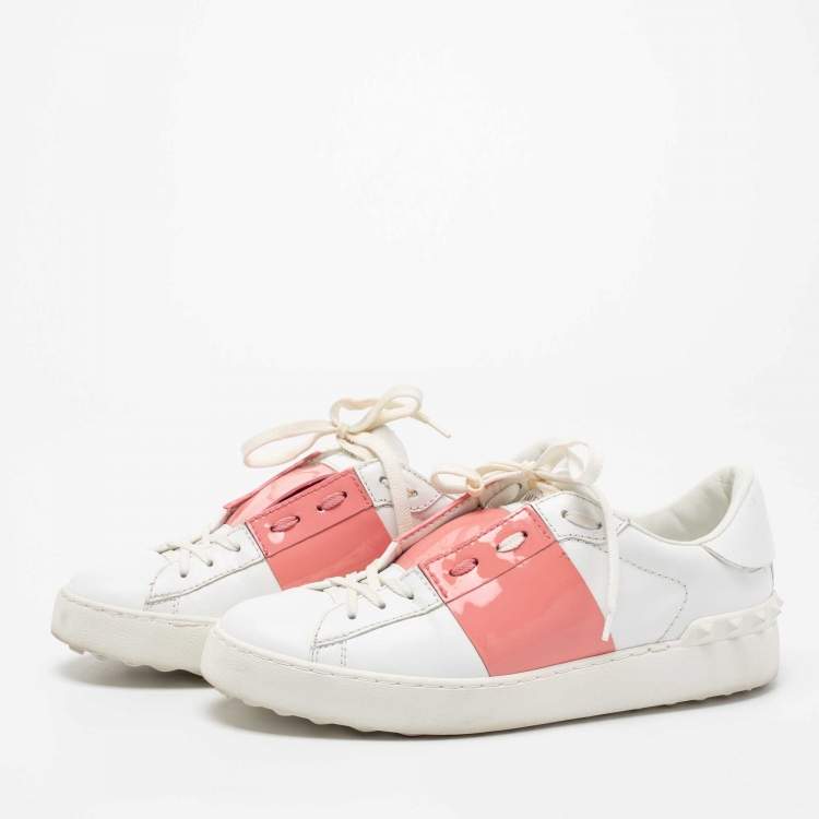 Pre Owned Valentino White/Pink Leather and Patent Band Low-Top Sneakers Size 39