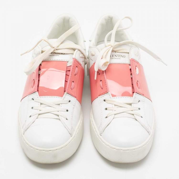Pre Owned Valentino White/Pink Leather and Patent Band Low-Top Sneakers Size 39