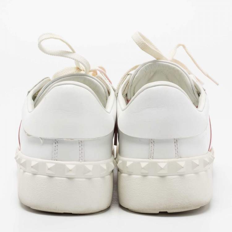 Pre Owned Valentino White/Pink Leather and Patent Band Low-Top Sneakers Size 39