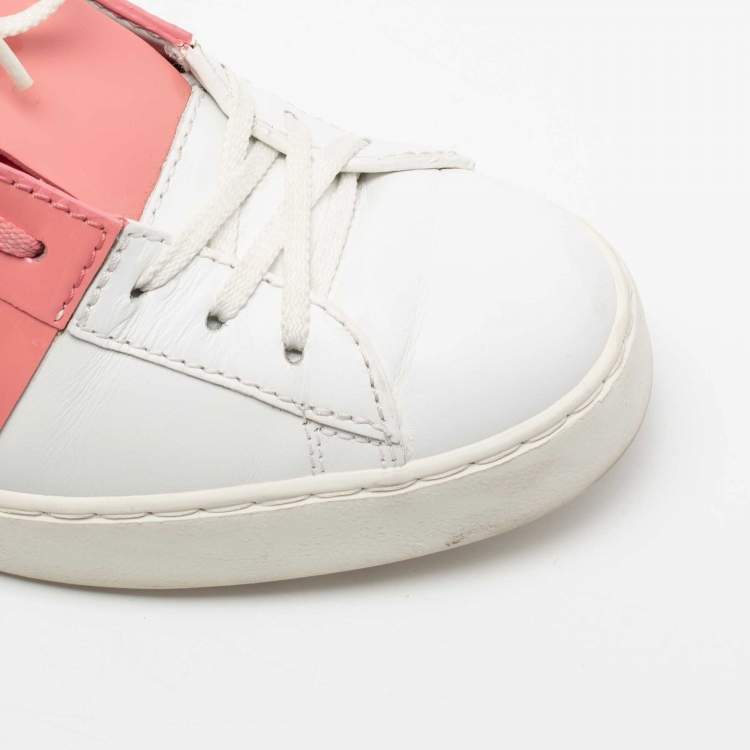 Pre Owned Valentino White/Pink Leather and Patent Band Low-Top Sneakers Size 39