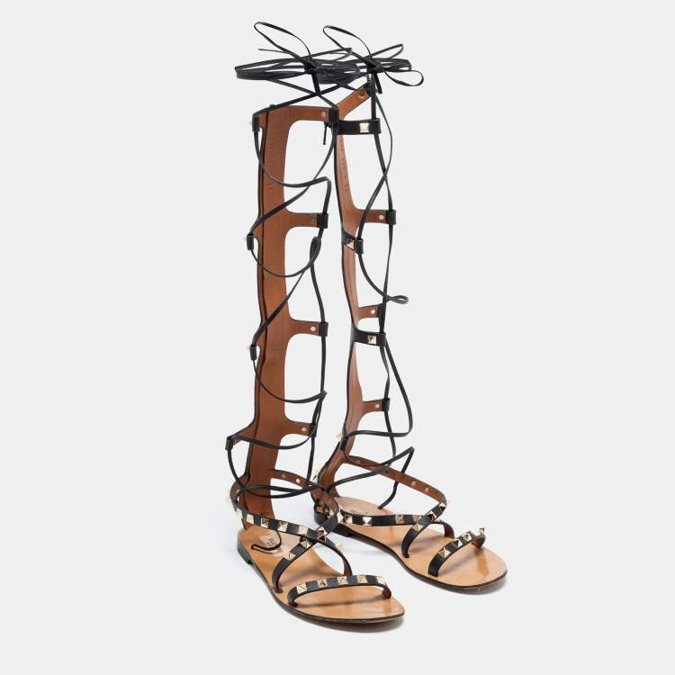 Pre Owned Valentino Black Leather Knee High Rockstud Gladiator Flats Size 35