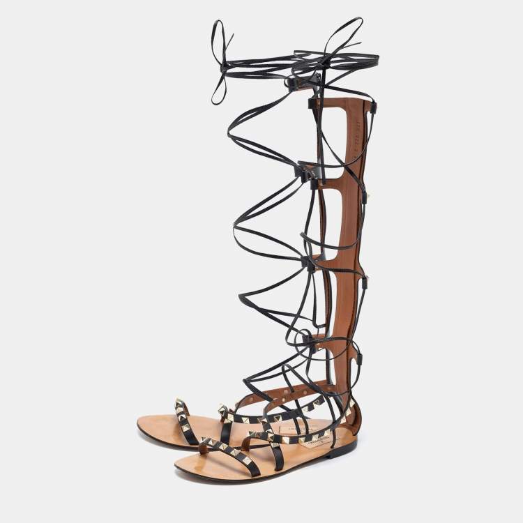 Pre Owned Valentino Black Leather Knee High Rockstud Gladiator Flats Size 35