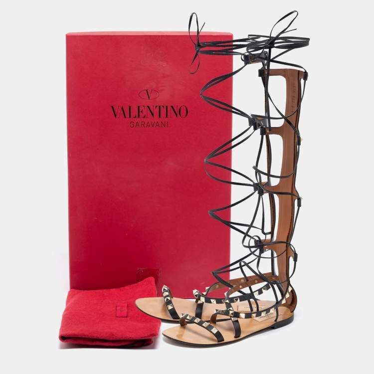 Pre Owned Valentino Black Leather Knee High Rockstud Gladiator Flats Size 35