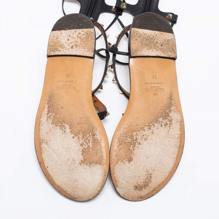 Pre Owned Valentino Black Leather Knee High Rockstud Gladiator Flats Size 35