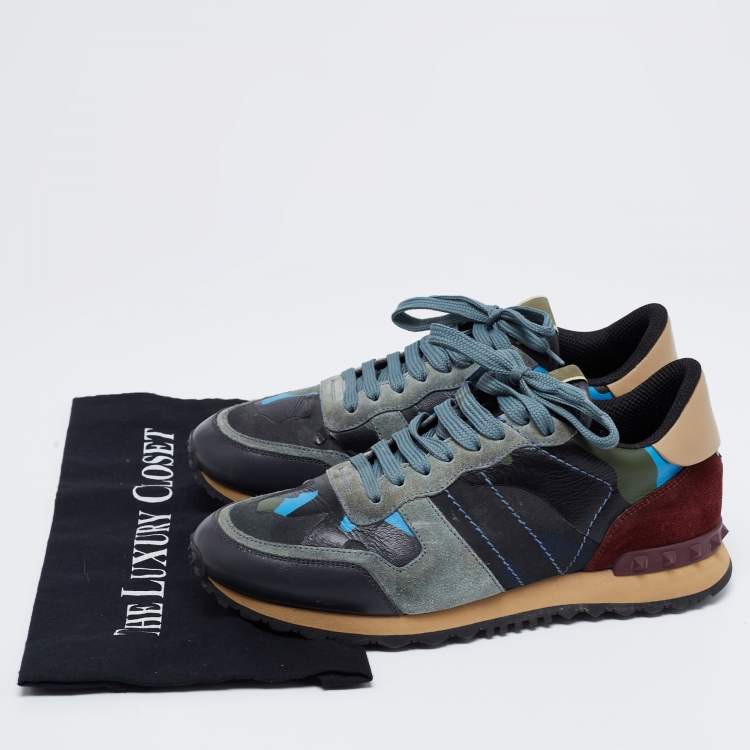Pre Owned Valentino Multicolor Suede, Camo Print Leather and Canvas Rockrunner Low-Top Sneakers Size 39.5