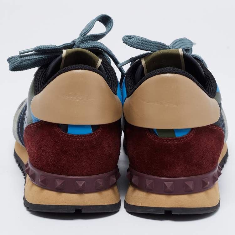 Pre Owned Valentino Multicolor Suede, Camo Print Leather and Canvas Rockrunner Low-Top Sneakers Size 39.5