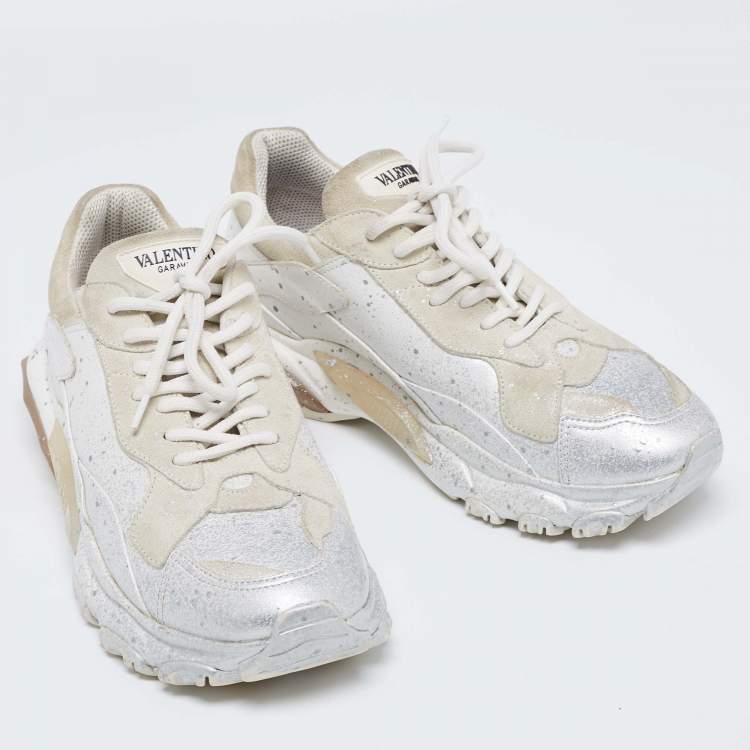 مملوكة مسبقًا Valentino White/Beige Leather and Suede Spray Paint Bounce Low-Top Sneakers Size 39.5