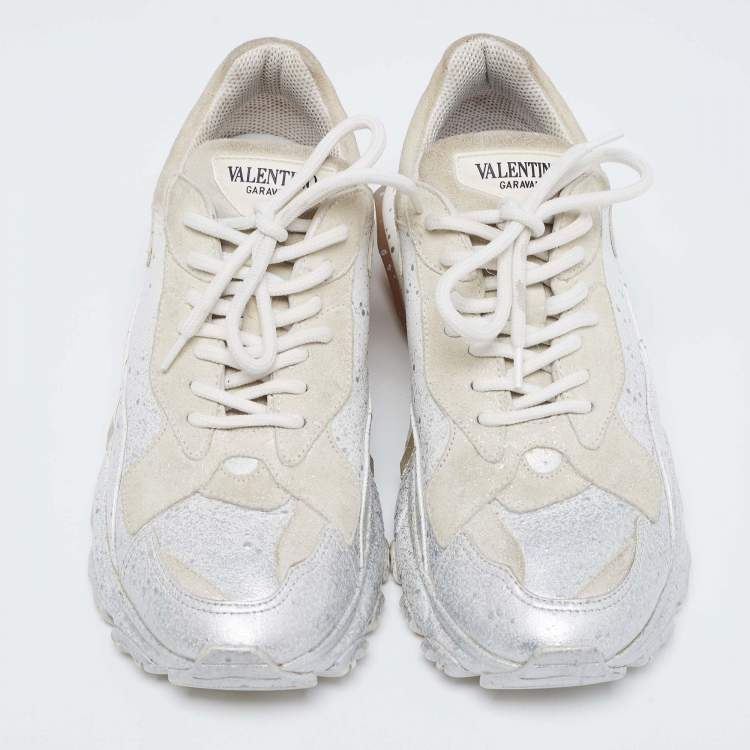 مملوكة مسبقًا Valentino White/Beige Leather and Suede Spray Paint Bounce Low-Top Sneakers Size 39.5