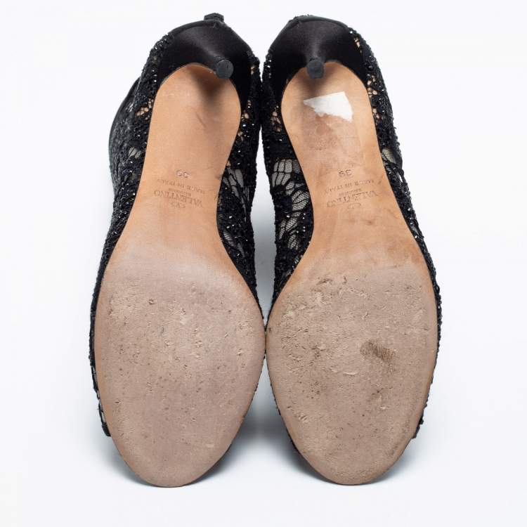 Pre Owned Valentino Black Lace Open Toe Ankle Boots Size 39