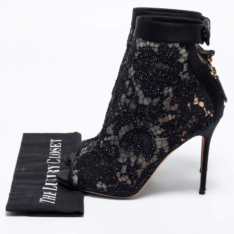 Pre Owned Valentino Black Lace Open Toe Ankle Boots Size 39
