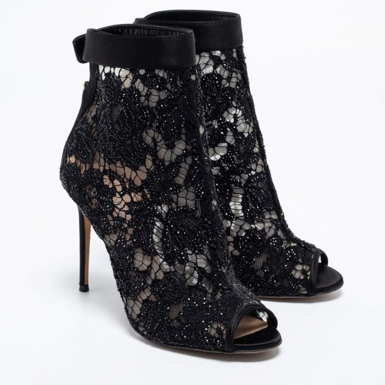 Pre Owned Valentino Black Lace Open Toe Ankle Boots Size 39