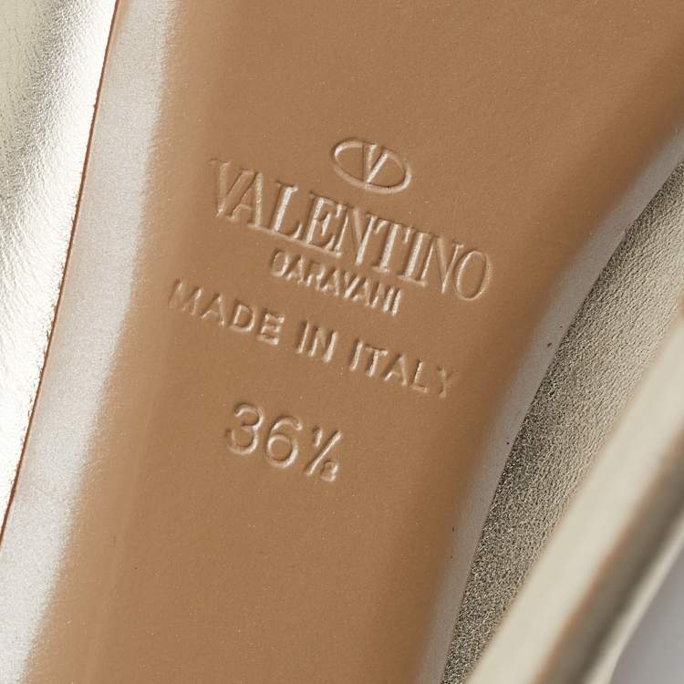 Pre Owned Valentino Metallic Gold Leather Bow Peep Toe Platform Pumps Size 36.5