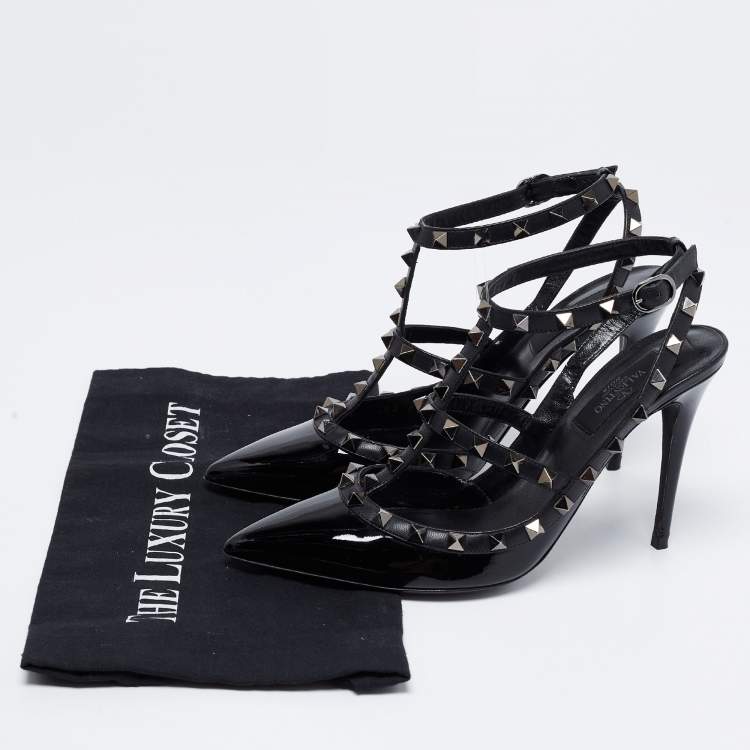 Pre Owned Valentino Black Patent and Leather Rockstud Ankle Strap Pumps Size 38.5