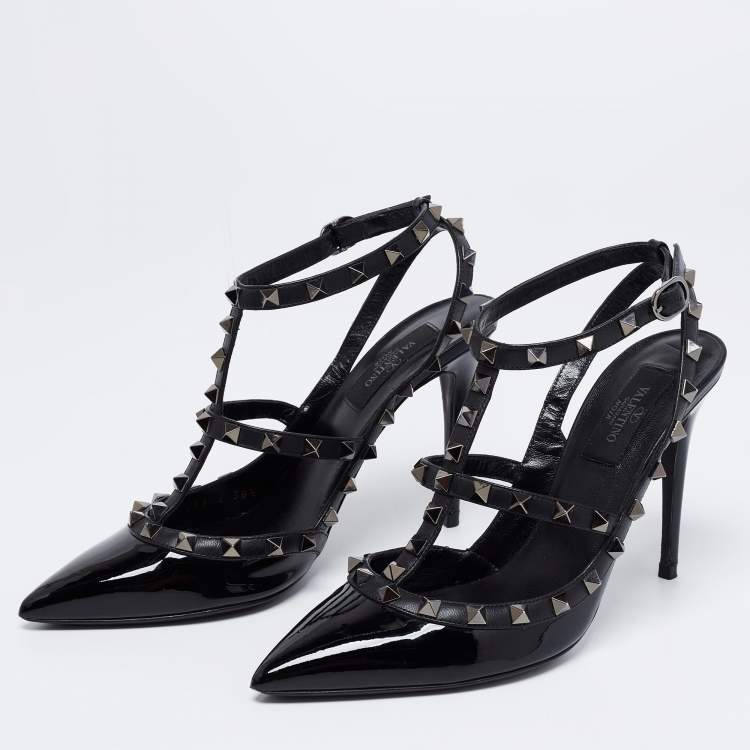 Pre Owned Valentino Black Patent and Leather Rockstud Ankle Strap Pumps Size 38.5
