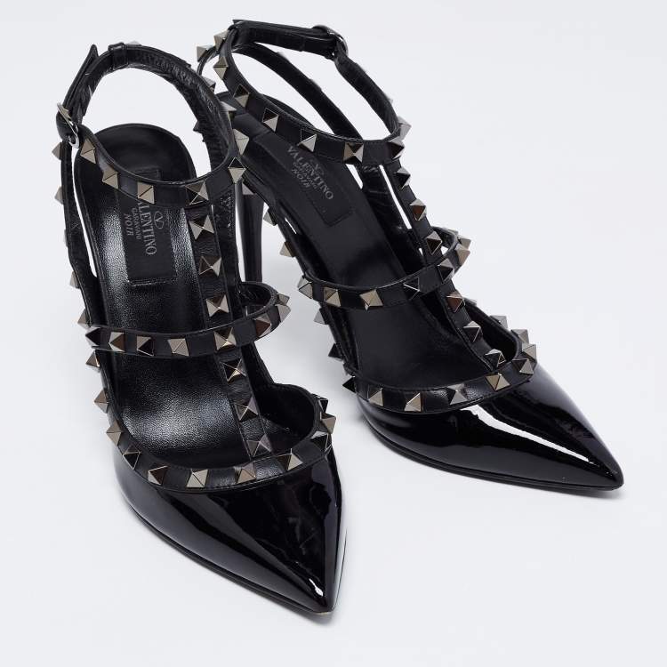 Pre Owned Valentino Black Patent and Leather Rockstud Ankle Strap Pumps Size 38.5