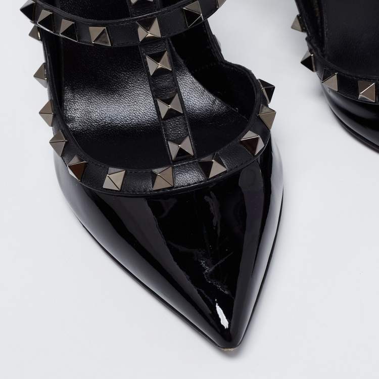 Pre Owned Valentino Black Patent and Leather Rockstud Ankle Strap Pumps Size 38.5